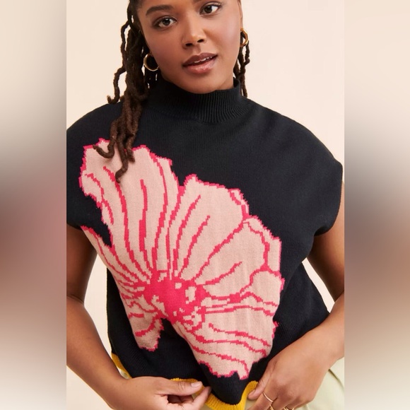 Maeve Sweaters - Maeve Wavy Sweater Vest - Black Mock-Neck Sweater with Pink Floral design